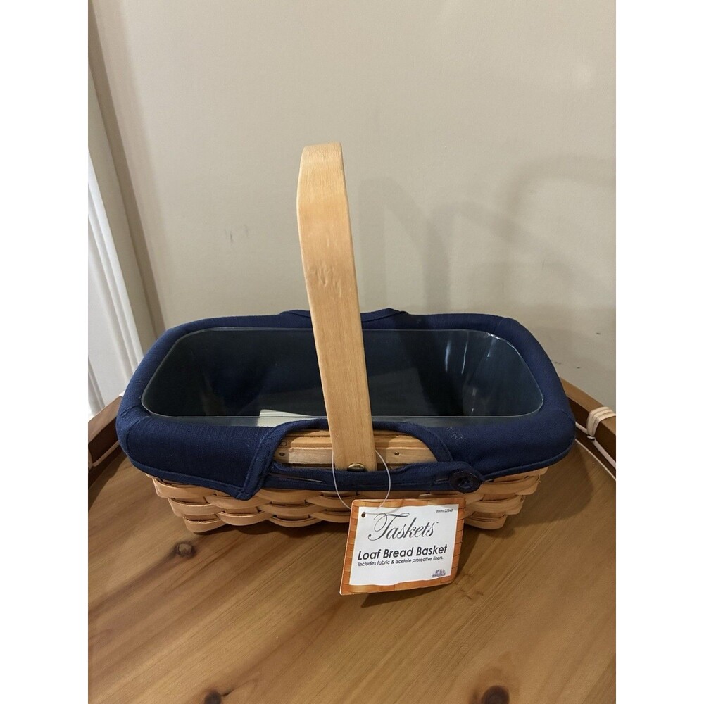 Taskets Renaissance Woven Basket Swing Handle Fabric Liner Biscuits Bread Blue